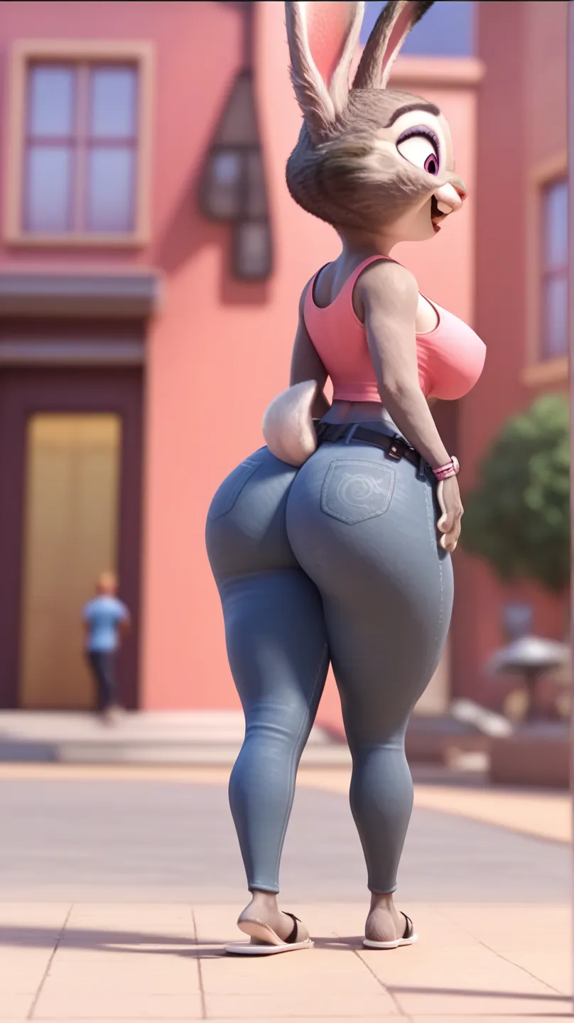 By disney pixar, 3d, solo, by qupostuv35, ((Macro)), ((judy hopps, female, on a street of zootopia,tight thicc jeans,black belt, thick thighs,(((white flip flops))),(((White mini fitted tank top))), wide hips,big breasts boobs,thicc fat ass