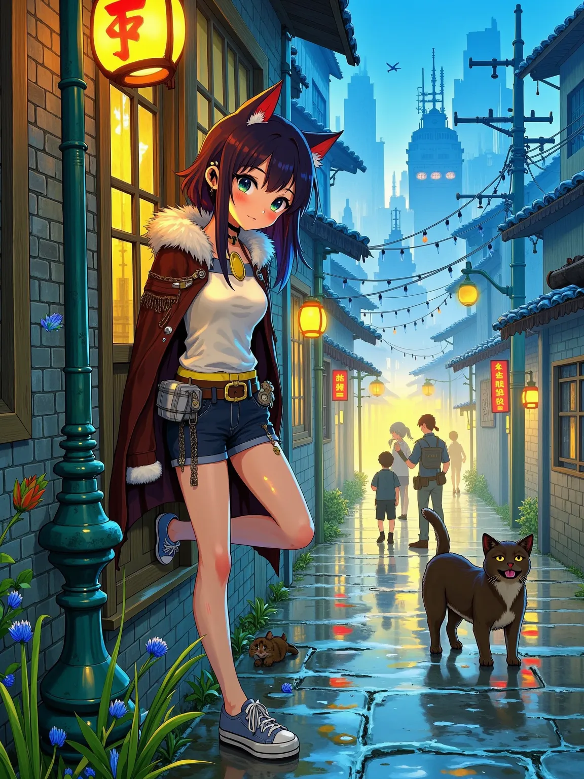 New Gongbi, Cartoon illustration, Picture Books, Hayao Miyazaki, Nostalgia, A young anime-style girl of Hispanic descent，She has big, piercing eyes、A cute nose and soft lips。She has long, colorful hair，With glittering cyberpunk-style accessories。She has me...