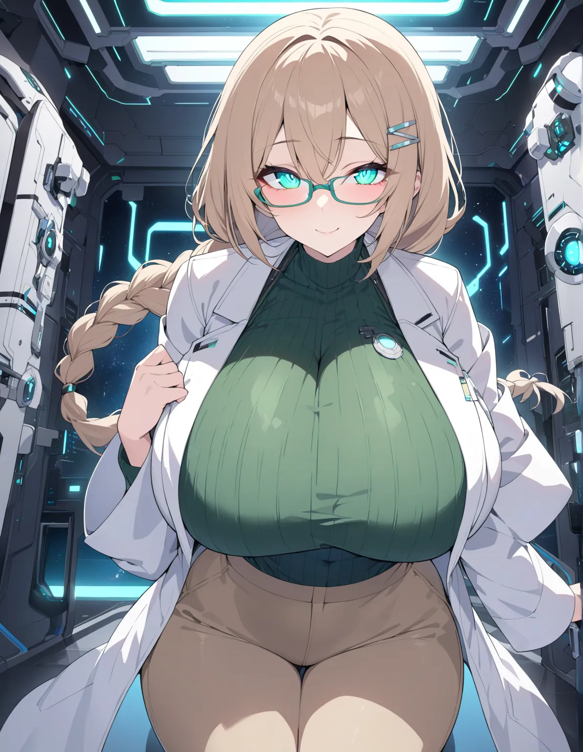 (huge breasts:1.3) (masterpiece) (high quality) (best quality) (1girl), (solo), (slim waist:1.3), (looking at viewer), detailed background, braided ponytail, jade eyes, glowing eyes, slight smile, detailed eyes, futuristic space station laboratory, full bo...