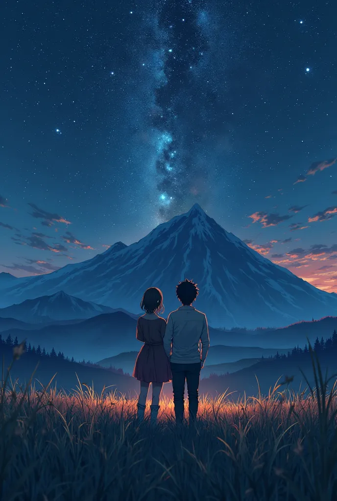 anime couple standing in a field at night with a mountain in the background, an anime drawing by Makoto Shinkai, tumblr, conceptual art, makoto shinkai cyril rolando, guweiz and makoto shinkai, ( ( makoto shinkai ) ), fiona staples and makoto shinkai, saki...