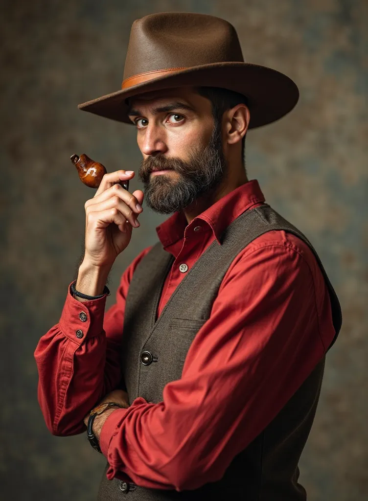  Young man, A thinker's eye,  wearing a red blouse , vest over the top,  simple clothes, Man standing, facing the right, Antique pipe in the hand,  raising your hand , leather hat on the head, simple man, Capangueiro, From Brazil