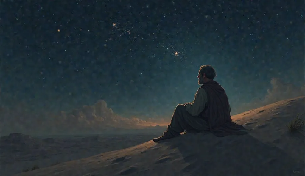 A night scene of a man gazing at the stars, reflecting on life, sitting alone on a sand dune.