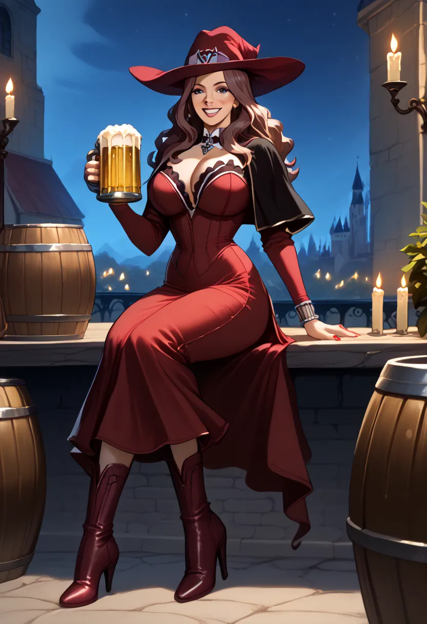 (best quality, 8k, highres, masterpiece:1.2), ultra-detailed, ultra sexy (cana)), ((Full body picture)) of cana) wearing detailed (Vanessa Enoteca sexiest scarlet dress, Scarlet witch hat, scarlet long boots and black short mantle), sitting in a barrel of ...