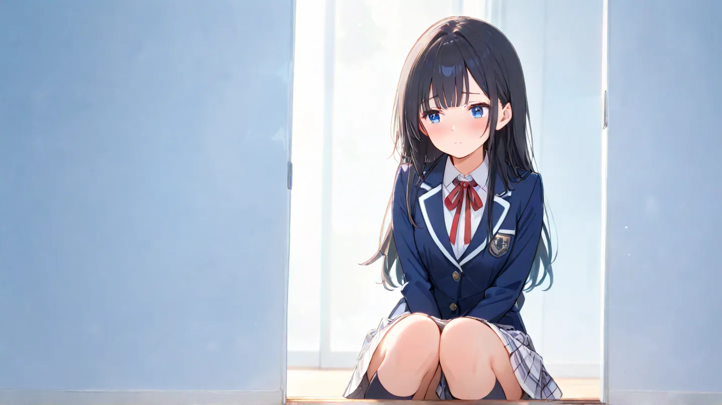 Navy blue blazer with white trim, red ribbon tie, checked skirt, black knee-high socks. Short black hair with bangs, bright blue eyes, slightly shy but charming. The background is pure white. She is alone.