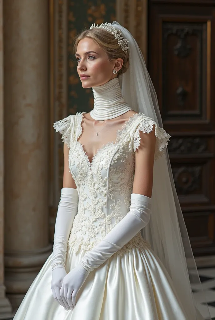 Beautiful veteran with an extremely long neck. She wears a wedding dress ,  completely white, with a tight high collar, corrugated , that wraps around and covers her entire long neck. The fabric of the dress is made of delicate lace and satin, neck with sh...