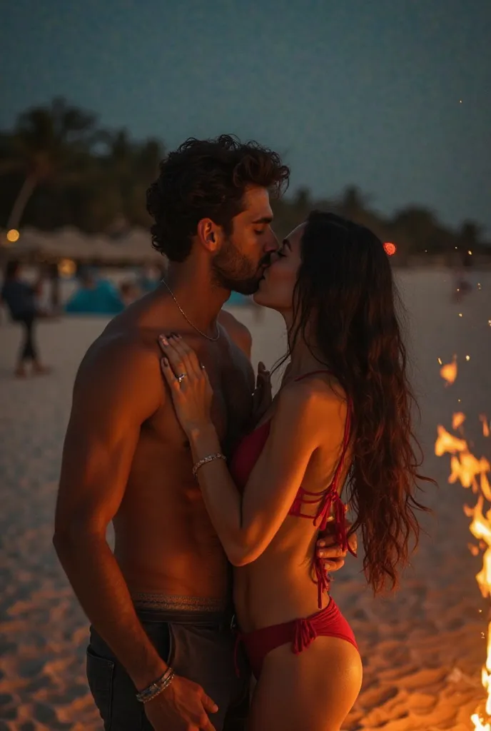 Create an expansive realistic post of a new brown gangster couple in paradise beach embracing defined body healed belly six-pack strong brown man handsome shirtless short black hair messy kissing beautiful brunette woman long black hair in bikinis red dent...