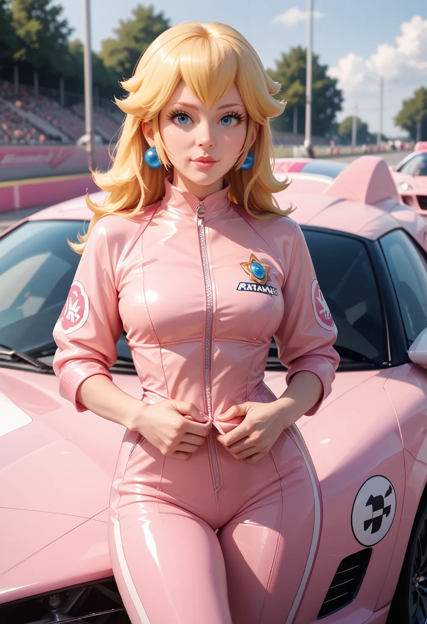 Peach leaning against her racing kart, pink pilot jumpsuit, Sensual, photo shoot
