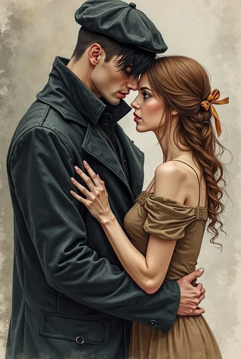 create an illustration of a tall man with a knee-length overcoat in the color black, And he wears an English beret. he has hair thrown over his eyes, and shaved on the sides.  blue eyes. watercolor style. Realistic.
he is hugging a woman with brown hair st...