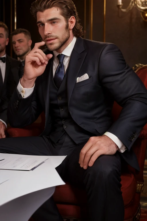 extremely handsome and very sexy 30-year-old hairy man in a very elegant suit at a meeting