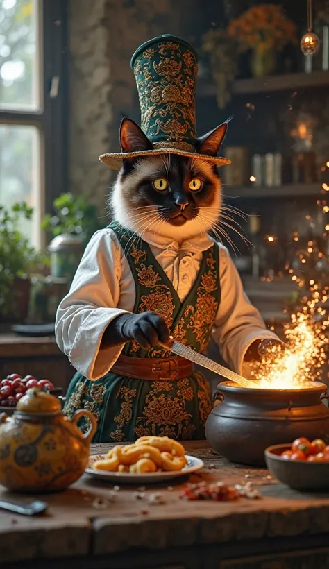 rompts
Copy
Alchemist Chef Cat in the Enchanted Kitchen "A Siamese cat dressed as a renowned magical chef, wearing a tall cook's hat and an apron embroidered with arcane symbols. He is in an enchanted kitchen, where ingredients float in the air and knives ...