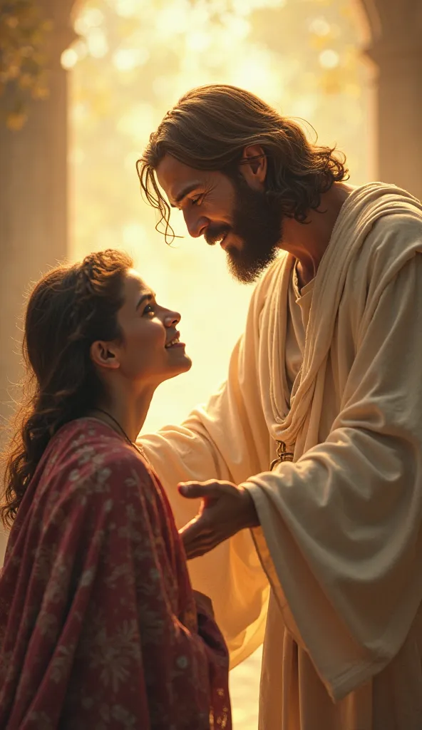 An inspiring scene where Jesus, with a loving countenance, reaches out to someone who is weary and burdened. The background is illuminated with a soft and welcoming light.