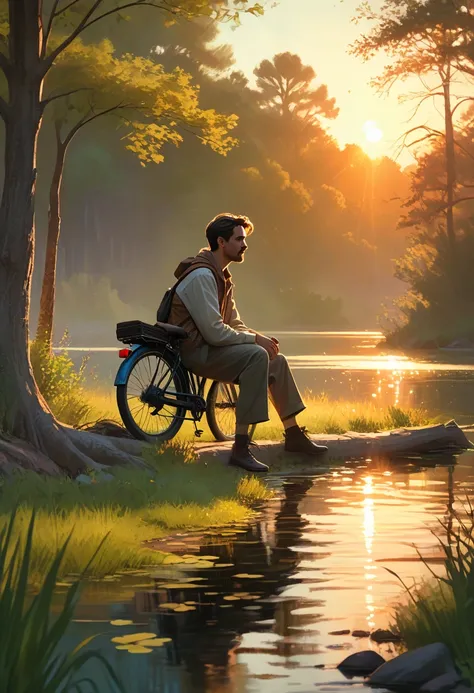 "A man of about 30 years old is sitting on the grass in front of a lake at sunset. Wear simple, vintage-style clothing, with neutral colors and soft textures. His expression is melancholic as he watches the water. The sun projects an intense golden light, ...