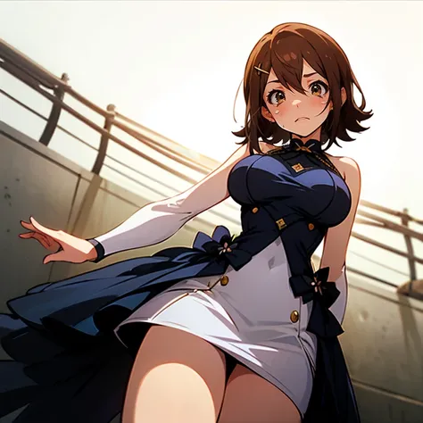 ((((One girl is Prettyidol Dress)))), ((gigantic breasts)), ()), ((())), (((bare shoulder,))), ((slender:1.2)), (gigantic hips), (gigantic buttocks), ((())), (((()))), (((View from below the body))), BREAK (beautiful shiny brown hair and hairstyle is mirai...