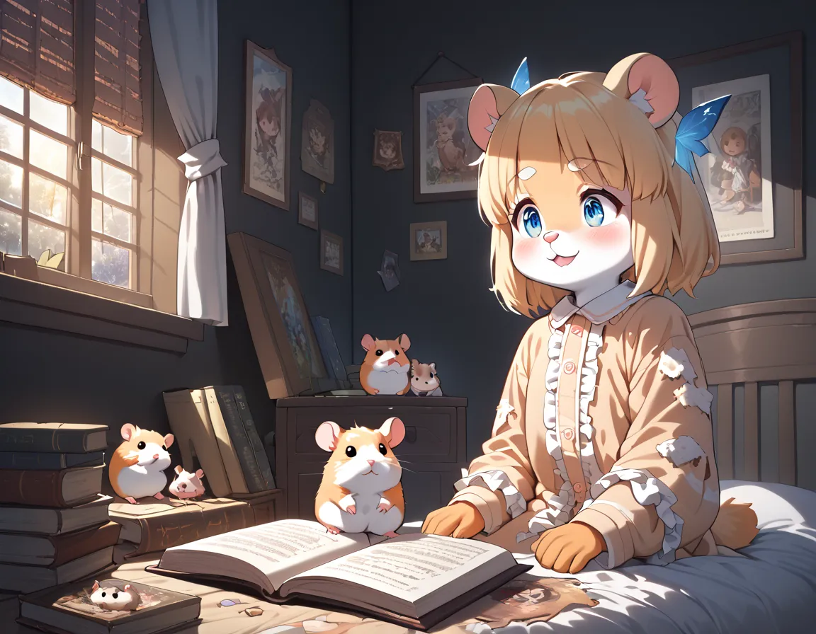  beautiful color, multicolor braided pattern, Vivid Colors. (Alone), 1 girl\((furry:1.3), ( hamster:1.3),( very young :1.2),(fur:1.2), anthro, (animal:1.2),(Read a picture book\( (Torn:1.3),(Ancient)\)), (vacant) smile, cute dress pajamas \( pink, frill , ...