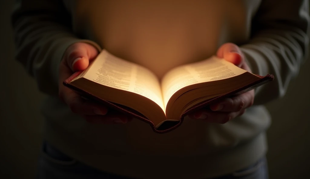 image: A person embracing the Bible, with a soft light surrounding it, representing the peace brought by God's promises.
 Description : The illuminated Bible represents the strength that comes from the word of God and the peace it brings to the heart.