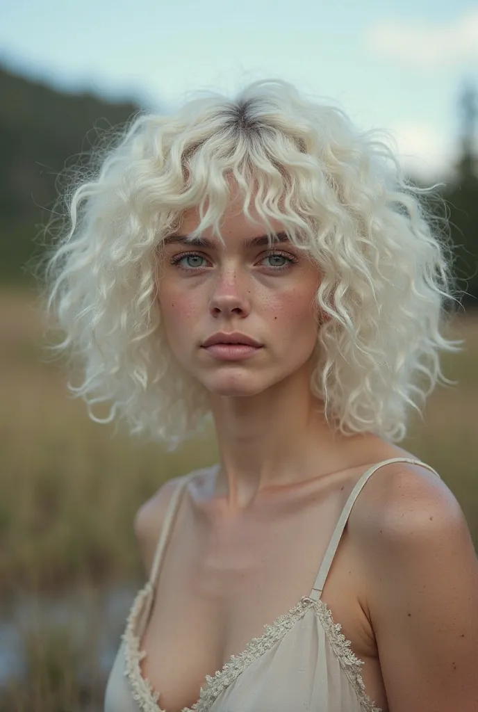 A portrait with a camping landscape in the background, featuring a young woman with features of a beautiful, sleepy-looking pale white ager with extremely voluminous curly white hair with curly bangs and pale blue eyes, a simple comfortable outfit, Realist...