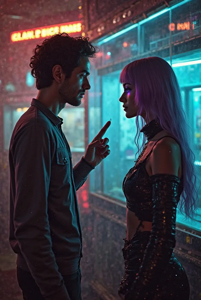 A man from the 60s, approximately 20 years old, wearing typical clothing from those years, in a vintage room, touching the index finger of a totally futuristic cyberpunk girl with purple lenses and hair in a place full of futuristic technology. In the midd...