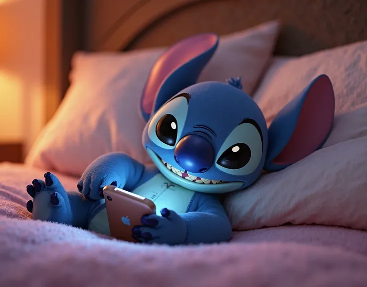 stitch, 4K,  himself lying on the bed,  Messing with the cell phone