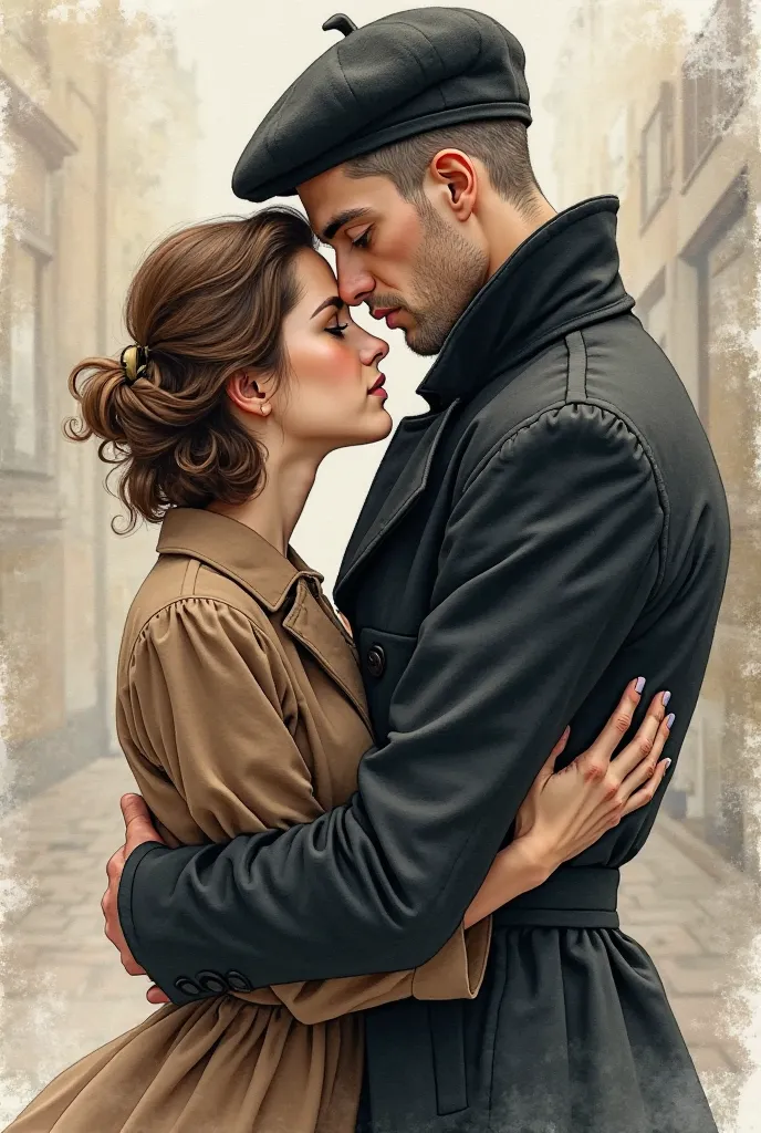 create an illustration of a tall man with a knee-length overcoat in the color black, And he wears an English beret. He has shaved hair on the sides.  blue eyes. watercolor style. Realistic.
he is hugging a woman with brown hair style 40's, she wears a brow...