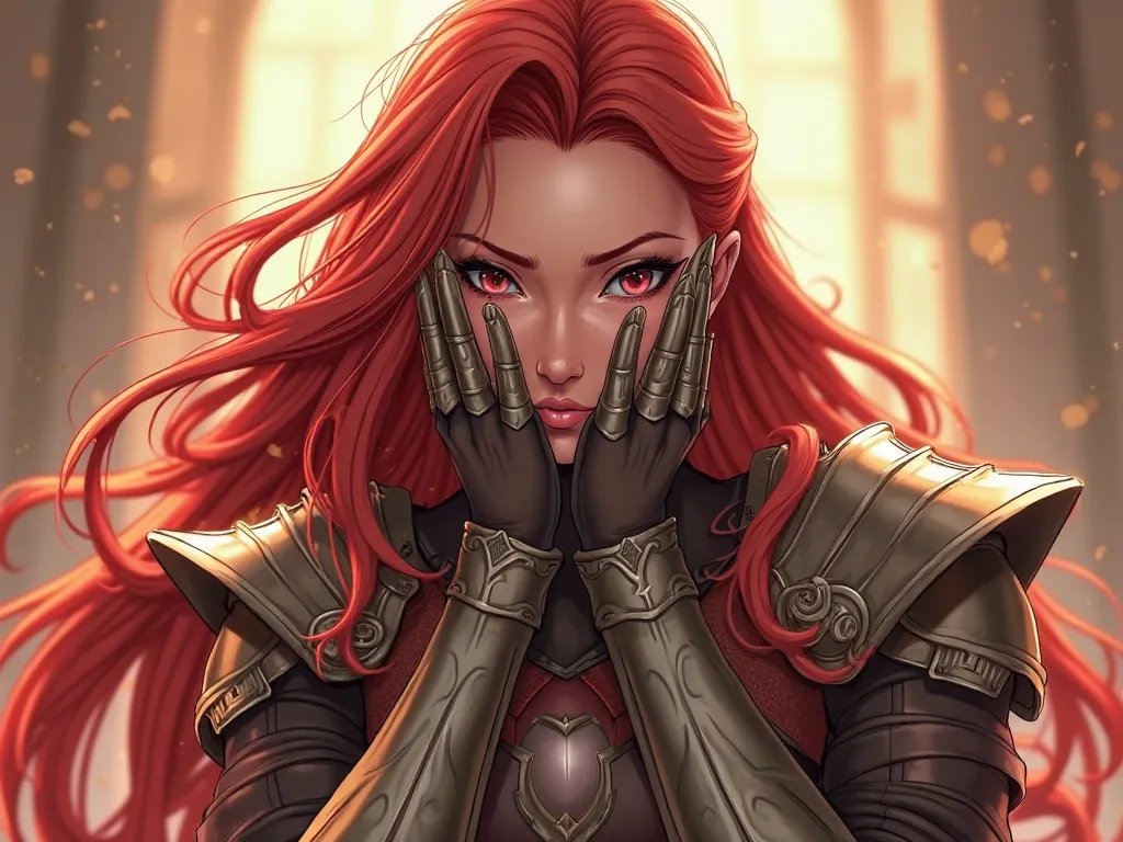 Tall, muscular woman, yet feminine and beautiful 
Long, flowing red hair, glowing under the light 
Sharp, intense eyes, full of determination 
Wearing a warrior outfit, fantasy armor or battle dress 
Anime-style face, confident expression Eris flustered, c...