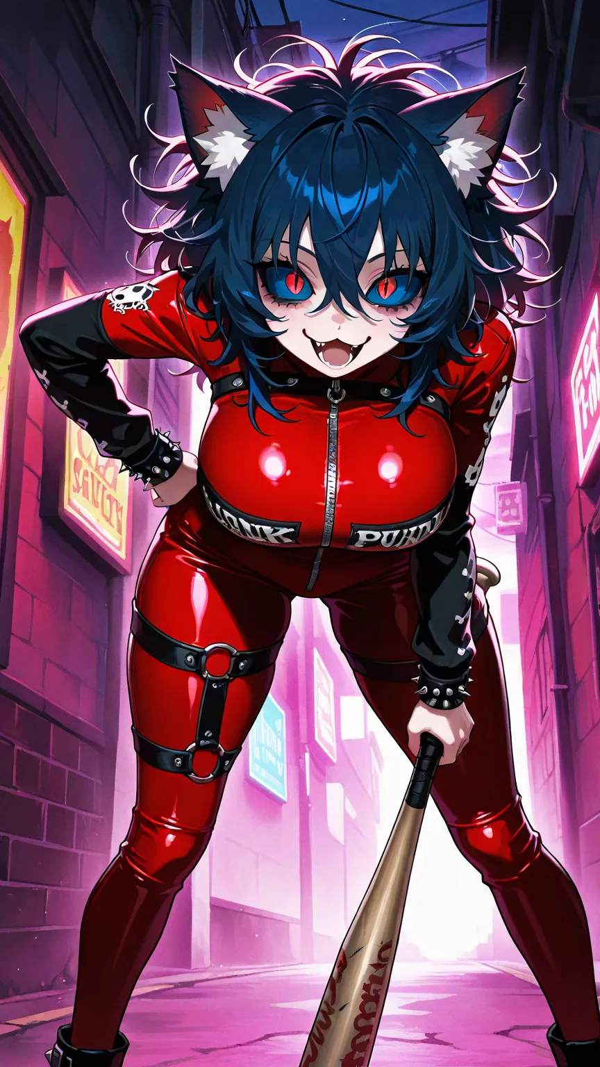 girl focus, solo girl, curvy body, big breasts, messy hair, slit pupils, dark-blue sclera, red colored vinyl bodysuit, punk fashion, :3, back street, crazy eyes, happy laughing, cat ear fluff, holding a baseball-bat, hunched over, feet out of frame, lookin...