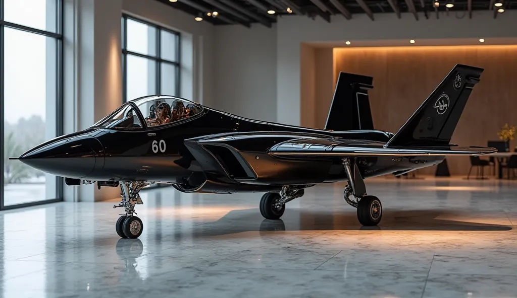 4k, high resolution, photorealistic, ultra-detailed, physically-based rendering, masterpiece, vivid colors, studio lighting, sharp focus, realistic lockhead F 117 nighthawk jet, black color, full body, left side view, standing in modern showroom, shiny met...