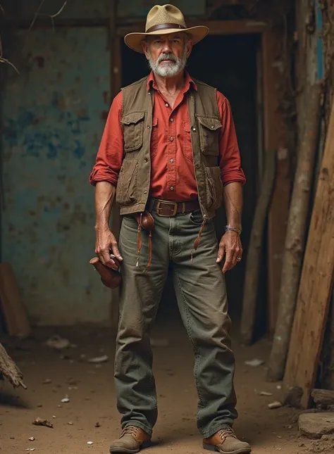 man dressed in pants, pants folded up to the knee, Leather around, simple man, From the Brazilian hinterland, with a pipe in my hand, wearing a red blouse, with a shabby leather vest, Working man from the Brazilian hinterland