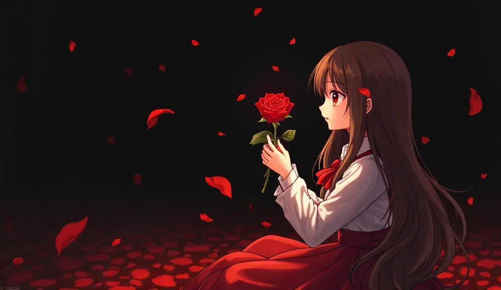 Black background, girl staring at rose, the rose is at the center of the picture, holding a few petals crimson rose with hands, the rose is losing petals, long brown hair and red eyes, wearing a white blouse, red skirt, and a red ribbon. The atmosphere is ...