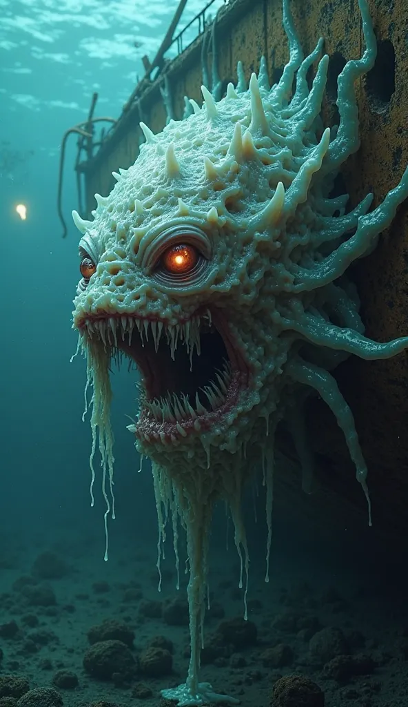 "A horrifying deep-sea creature known as the Eye Devourer. This grotesque, formless mass of translucent, gelatinous flesh writhes and pulses as it moves silently through the abyss. Its entire body is covered in gaping orifices that open and close like hung...