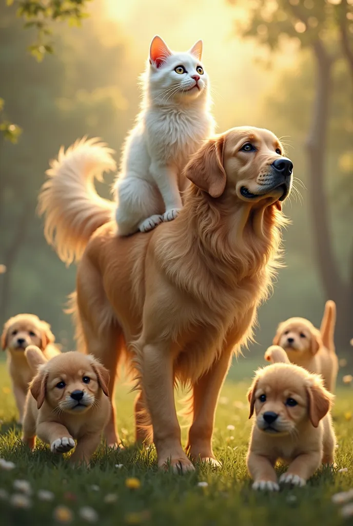 A white cat riding a golden dog recoil with many golden retriever puppies