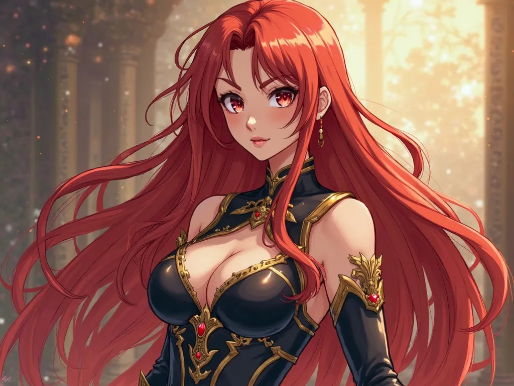 Tall, muscular woman, yet feminine and beautiful 
Long, flowing red hair, glowing under the light 
Sharp, intense eyes, full of determination 
Wearing a warrior outfit, fantasy armor or battle dress 
Anime-style face, confident expression Eris blushing whi...