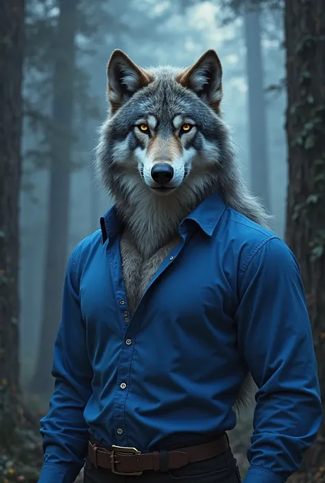 Make a Wolf with a blue shirt 
