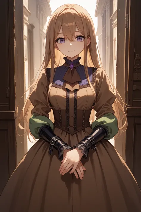 brown long sleeve dress with brown tie, masterpiece, highest quality, Anime style, only one woman, tall stature, white background, Victorian maid, brown apron, young woman, blond long hair, middle part, fuchsia purple eyes, (hairs between eyes : 0.9), ((st...