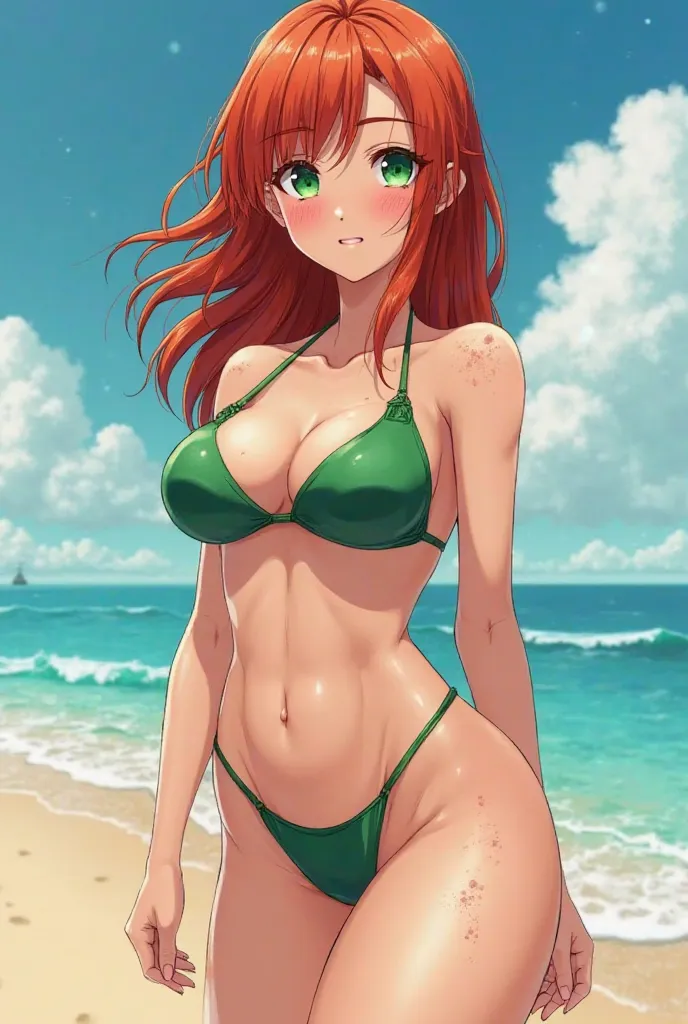 Red head girl, tall, realistic style, gentle face, perfect proportions, wearing a Green bikini, on the Beach, low angle view, curvy body, freckles on face and chest, freckles on shoulders, Green eyes, moles on the face, semi-realistic anime style