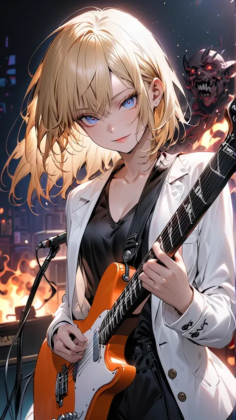 ((Masterpiece, best quality, highest quality, high resolution, photorealistic, raw photo, extremely detailed CG integrated 8k wallpaper)) Beautiful illustration
A young, fair-skinned male anime character is playing an electric guitar. In the background, a ...