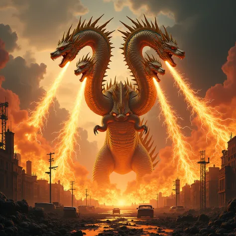 Ghidorah setting fire and destroying everything 
