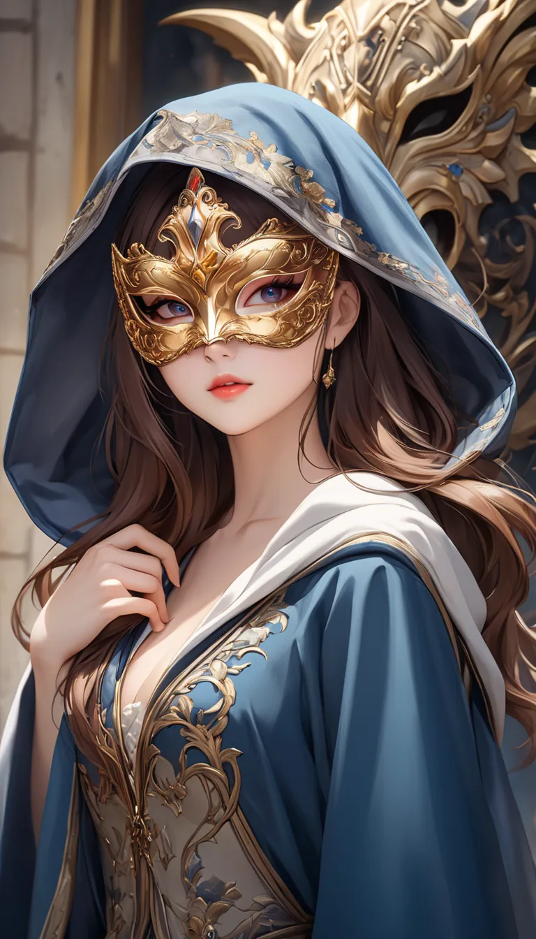 beautiful woman under hoodie, masquerade mask,  Eyeliner, compensate, Passionate and lascivious expression, enchanting medieval long dress, Large percentage, 2.5D, delicate and dynamic,  Portrait Art ,  Everything is of the highest quality 