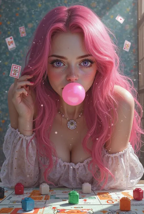 1girl/ long pink hair/ purple eyes/ monopoly board/ tossed cards/ closed mouth/ bubblegum/ monopoly pieces/ full body/ pops a pink bubble/