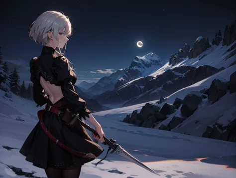 night, moon, 2B, trying to touch the sky, back to the viewer, looking at the moon, showing her back, light, on a mountain, right hand up, left hand down with her weapon,