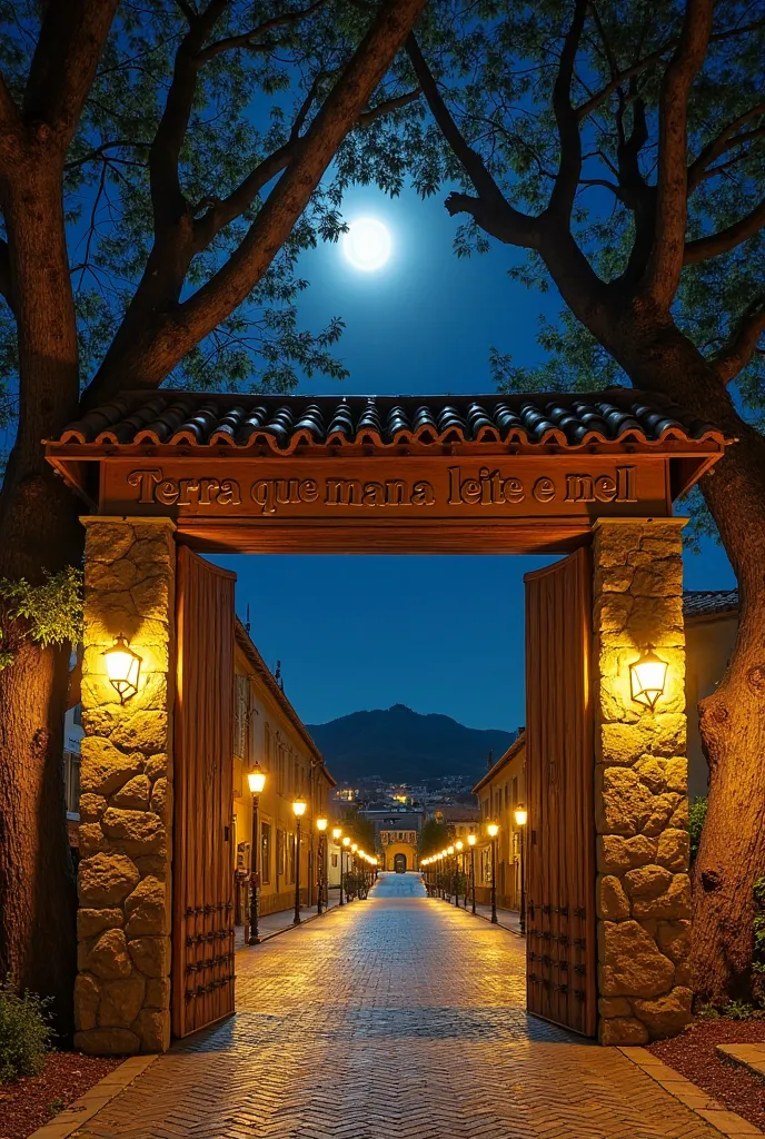 A rustic wooden and stone city gateway, framed by two large chestnut trees at night. The phrase 'Terra que mana leite e mel' is engraved in high relief on the gateway. The scene is illuminated by warm yellow lighting, emphasizing the trees and the portal. ...