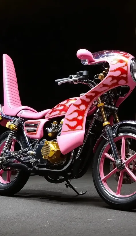 (masterpiece, Highest quality:1.2)32K,realistic,bosozoku's bike,black back ground,bosozoku's bike base color is candy pink with red fire pattern paint.