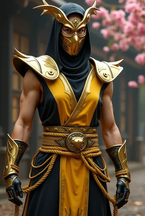 Masked golden mask plays small black on the head golden shoulder pads with scorpion stingers gold pointed bracelets gold belt yellow and black costume yellow cords intertwined on the legs white eyes with white pupils golden iron mask rope hanging on the ha...