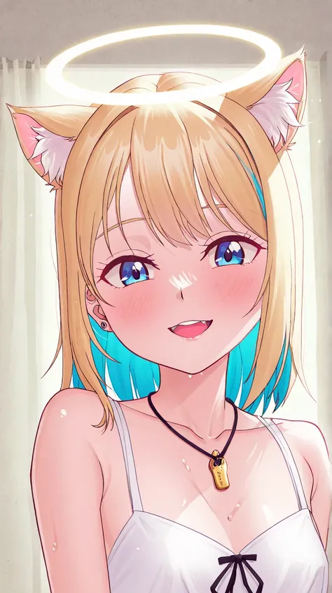 A  woman , a beautiful man, Alone,looking at the viewer, blush, open eye, blue pupils ,  sun leak reflection on body,  (halo half done,) textured skin ,  Blonde Hair, Two-tone hair,throw, cat ears, photo reality