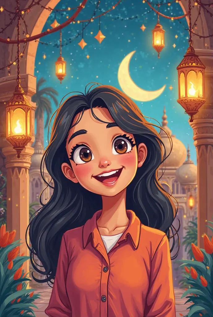 Make this cartoon female picture with the same details and facial features and make the background Ramadan 