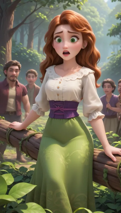 A 3D Disney/Pixar-style scene set in a vibrant, sunlit forest village. The central figure is a young woman with long, wavy brown hair, green eyes, and a surprised expression, lying on the forest floor. She wears a tattered white blouse with several small t...