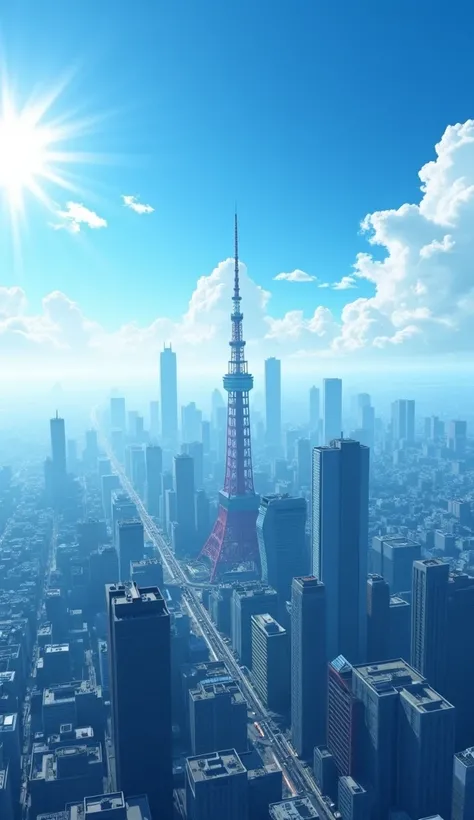 Modern Tokyo background,Tokyo Tower in a location far away and inconspicuous,Skyscrapers can be seen in the fog,Horizontal Angle from Aerial View from High Altitude,the extent that the ground is faintly visible,The spot is a group of low-rise buildings nea...