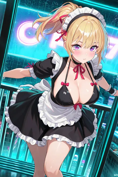 blonde hair, purple eyes, best quality,gal, medium hair, cute, masterpiece, ((Ultra-Detailed)), looking at viewer, blush, beautiful, ((ponytail)), maid uniform, bikini, black choker, pink streaks in her bangs,hair red ribbon,RmnTimes,masterpiece,amazing qu...