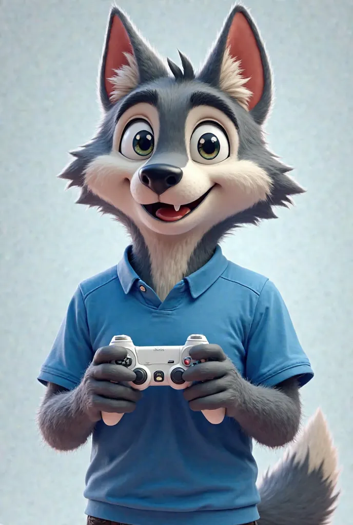 Make a wolf mascot with a blue shirt holding a video game controller and with a face turned to the left smiling a bit shameless