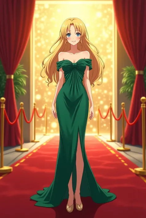 Anime illustration of Mina Aino beautiful anime blonde woman blue eyes long yellow blonde hair loose,with emerald green evening dress with bare shoulders, pleated line at the waist, front girdle with side slit and open back, beige heels ,At the entrance of...