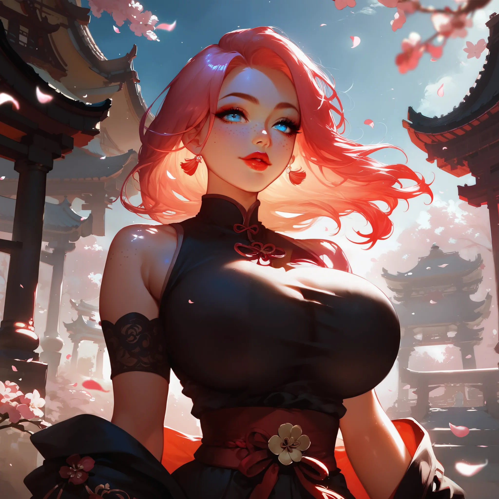 standing, park, temple, sakura petals, sakura blossoms, black kimono, sharp cinematic focus, soft seductive gaze, freckles, blue eyes, black makeup, colored hair, fiery red hair_soft pink hair, hair blowing in the wind, red lips, makeup, shiny_shiny skin, ...